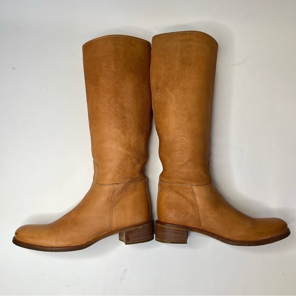 VINTAGE Prada 1990s Tan Camel Italian Leather Side Zip Pullon Classic Flat Boots - Picture 7 of 16